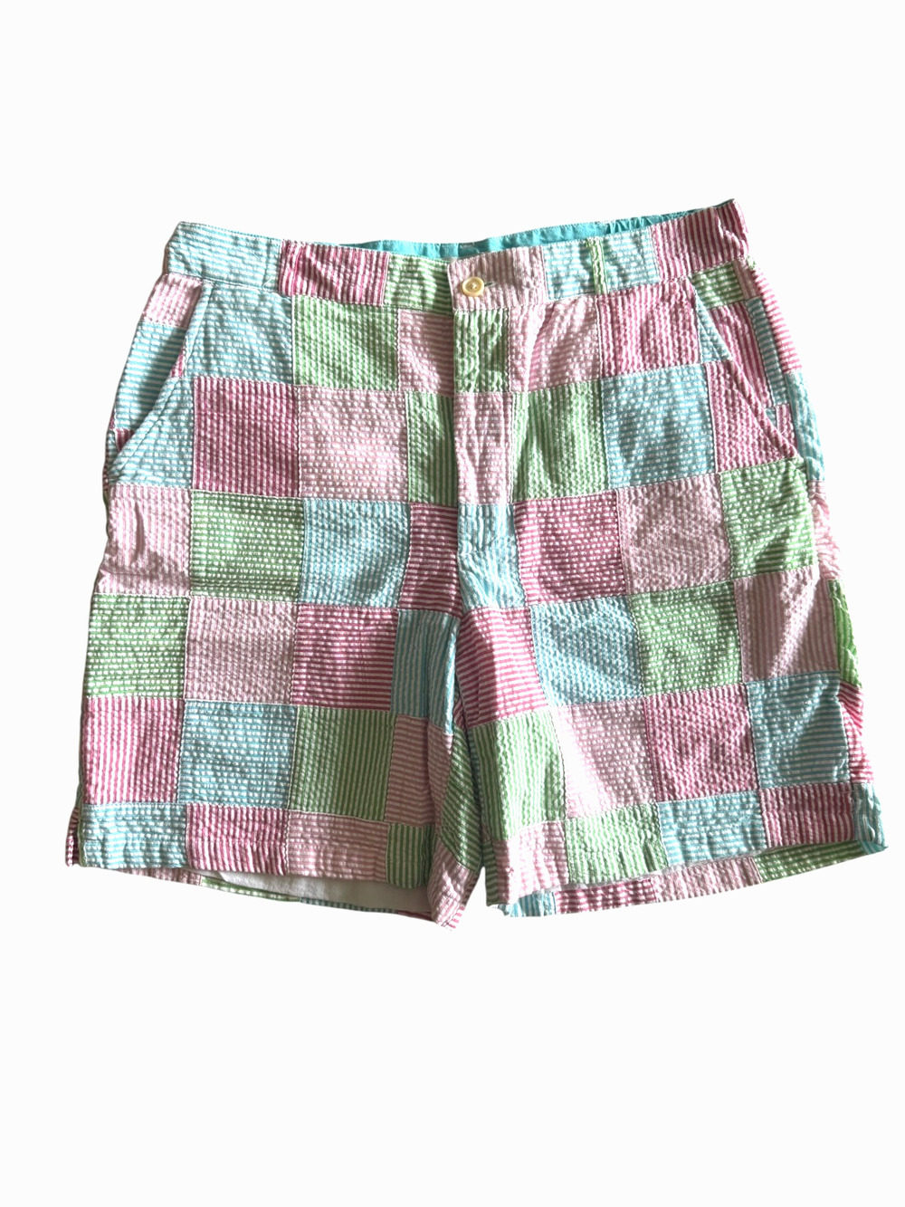 Orvis Seersucker Patchwork Shorts Pastel Plaid Cotton Preppy Size 10